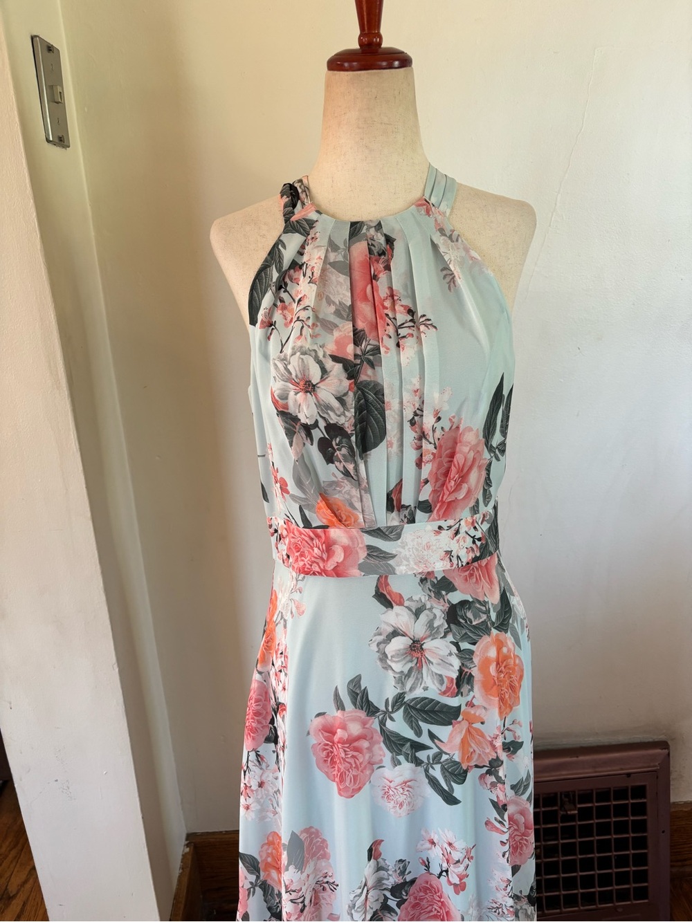 Eliza J Floral Halter Gown Maxi Dress Tie Neck Boho Preppy Wedding Blue Size 6 - Picture 3 of 6